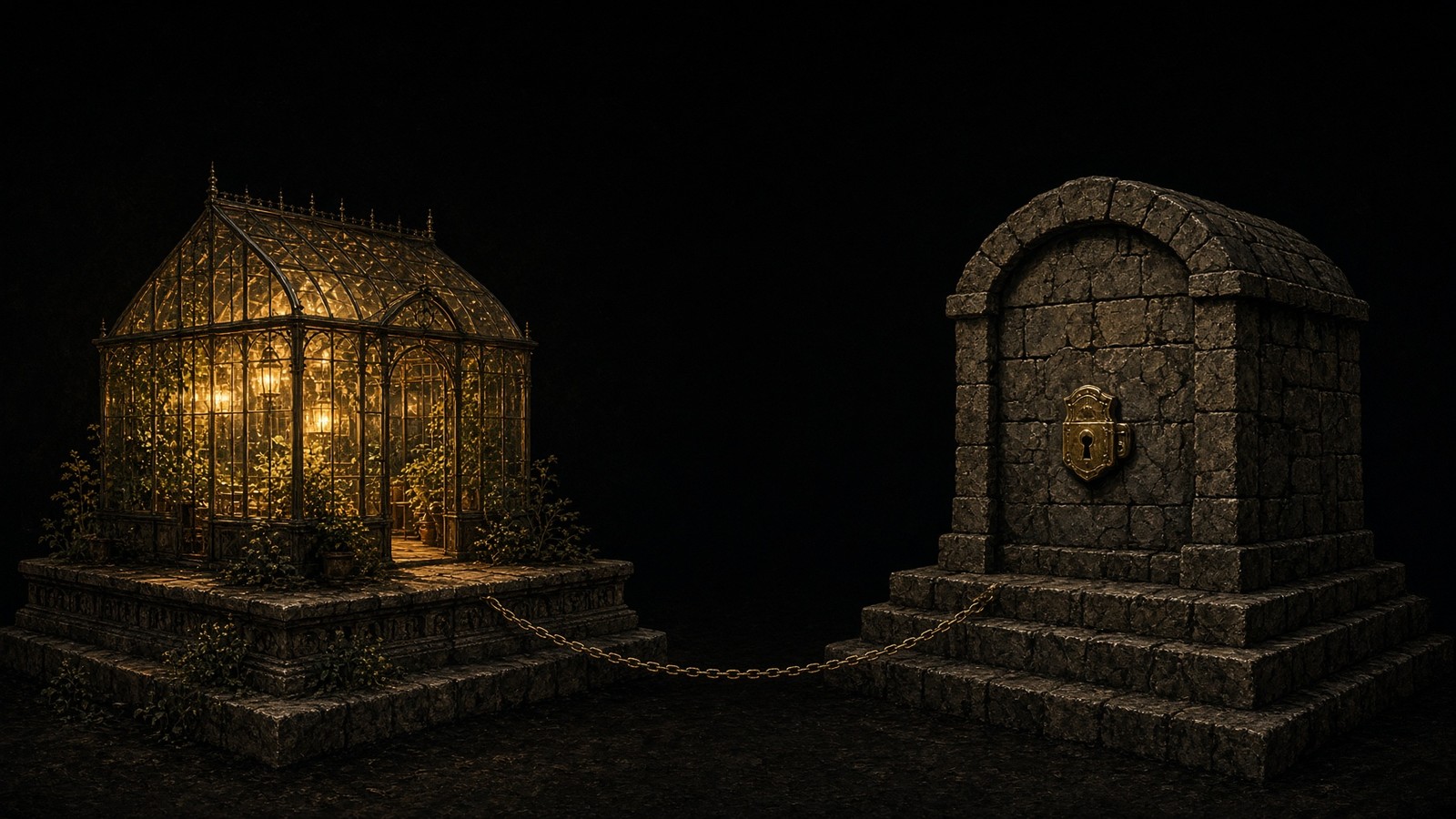 A lit greenhouse chained to a sealed stone vault